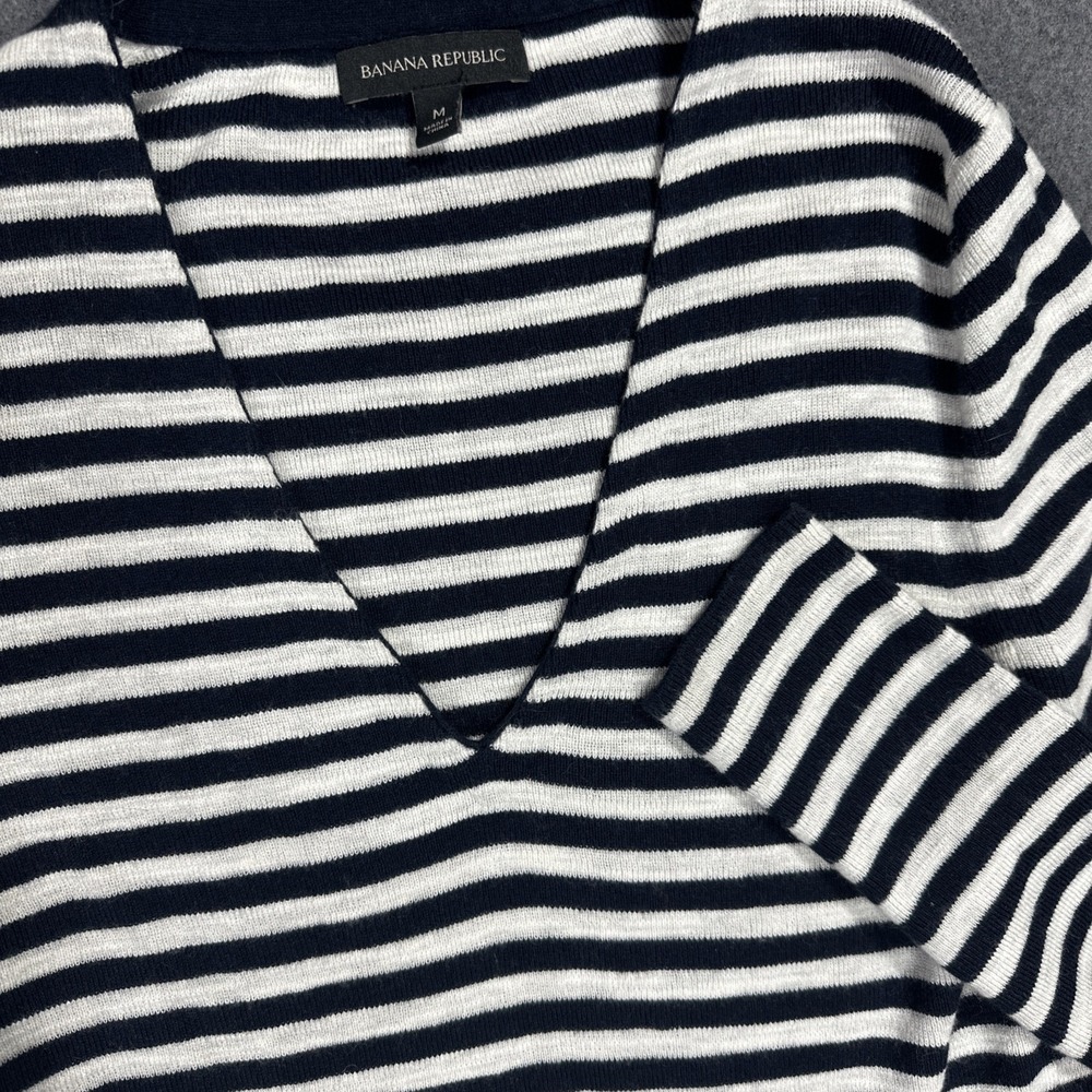 Banana Republic V Neck Sweater Womens Medium Wool Long Sleeve Blue White Striped